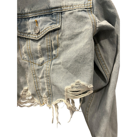 Trio Urban NWT Virgin Mary Blessed Cropped Denim Jean Jacket Size Small/Medium - Picture 2 of 5